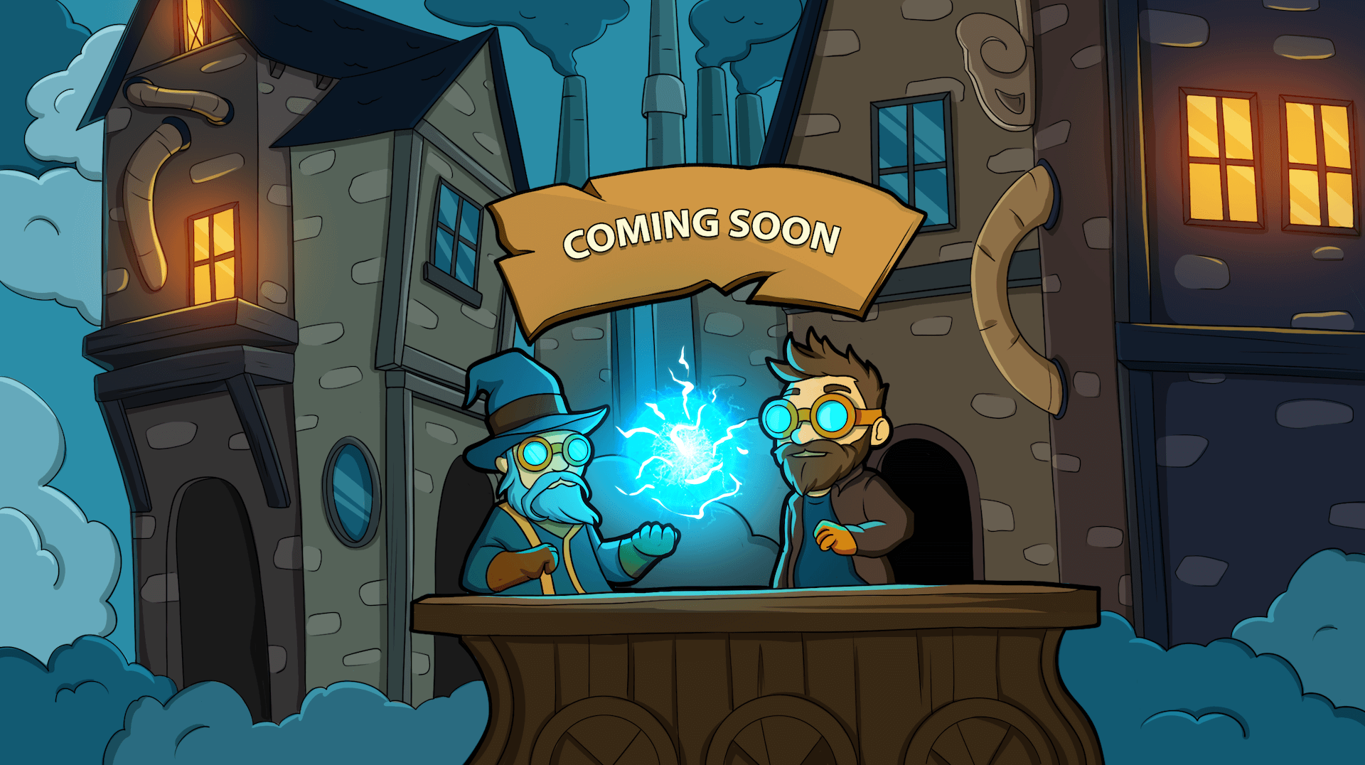 Two characters stand behind a wooden platform in a misty, industrial cityscape. On the left is a wizard, with glowing blue magic in hand, dressed in mystical robes. On the right is an inventor from the steampunk world, with gadgets and gears. Above them is a banner reading 'Coming Soon,' set against a background of buildings with pipes and chimneys, blending both magical and steampunk elements.